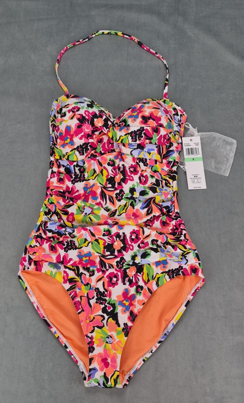 NWT Anne Cole Twist Front Shirred One-Piece Multicolor Floral Swimsuit - Sz 8